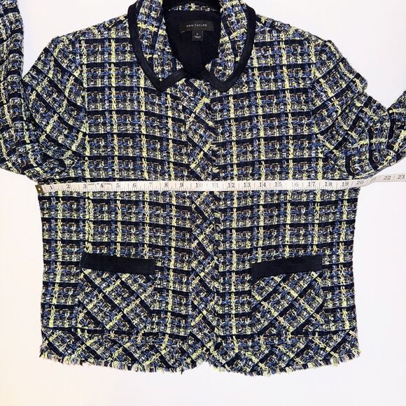 Ann Taylor Tweed Blazer Jacket Blue Green Cream Plaid Zip Front Collared 12 EUC - Picture 10 of 15